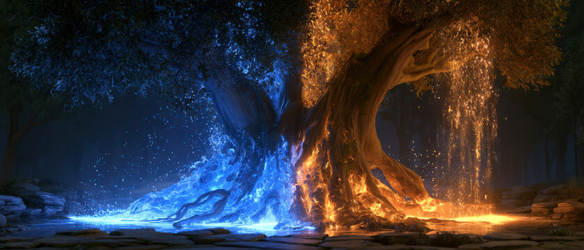 Ancient tree splits light and shadow with cosmic power
