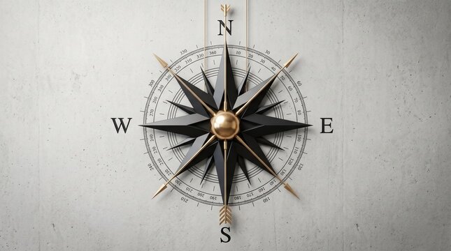 Vintage Compass Navigation: A detailed vintage compass with cardinal directions N, S, E, W, and a prominent rose design, symbolizes direction and exploration on a textured, aged surface.