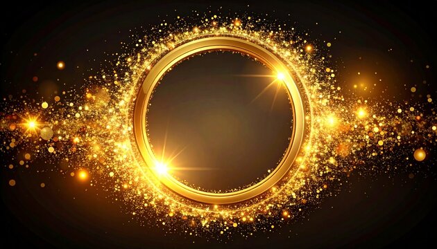 Golden ring with sparkling glitter on dark backdrop