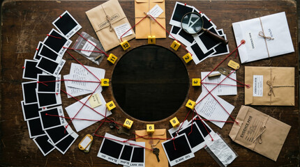 Naklejka premium Circular detective evidence board with blank photos and red string on wood