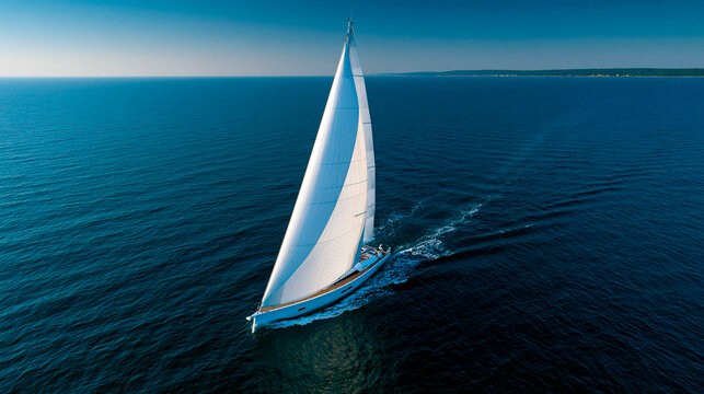 Luxury sailing yacht cruising across calm blue ocean under clear sky in aerial view showcasing freedom adventure maritime travel and exclusive lifestyle