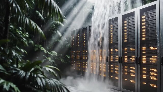 Data center servers standing inside a tropical rainforest with a waterfall flowing over hardware. Sustainable technology integration concept for green infrastructure