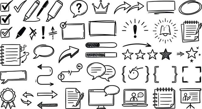 Business workflow correction and online education hand drawn doodle elements pack featuring check marks arrows speech bubbles notebooks frames stars and office layout status indicators vector set