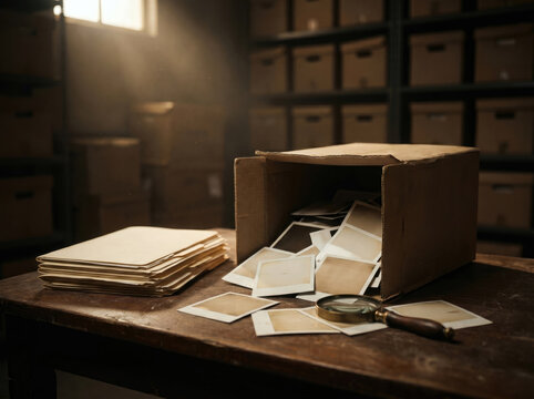 Old cardboard box filled with vintage blank photos on a dusty archive table