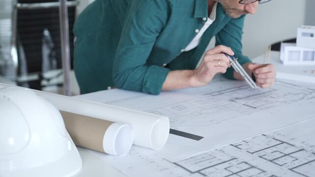 Architect drawing floor plan using compass at office creating building design and structure layout. Architecture and business concept