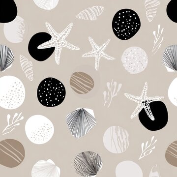 Seamless minimalist Scandinavian pattern with seals, starfish and seashells