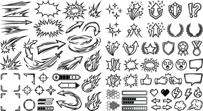 Video game interface and comic book action elements set featuring level up stars speed arrows power bars fire explosions shields medals and fight combat graphic doodles pack