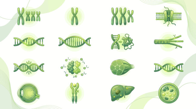 Abstract colorful modern digital art vector illustration of DNA, chromosomes, and cells on a light green background