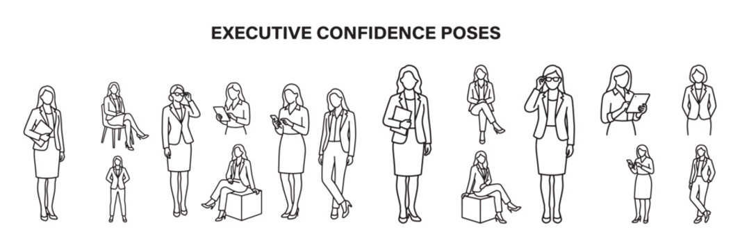 Executive Confidence Poses Vector Illustration Set Showing Professional Businesswoman Presenting and Communicating for Corporate Branding, Leadership Training and HR Marketing Materials