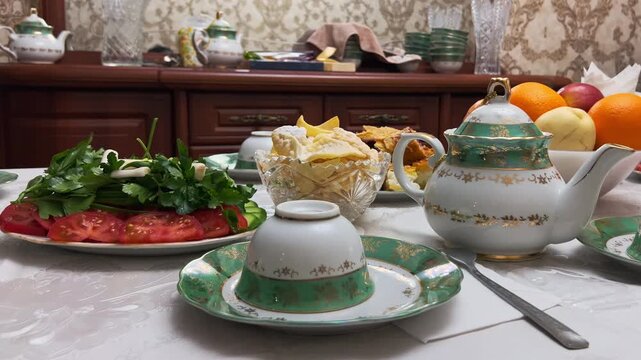 Close-Up of Festive Family Table for Eid with Teapot, Tea Cups, Samsa and Salad