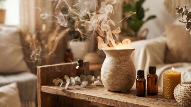 Slow motion close up of ceramic diffuser emitting thick steam above wooden table with essential oil bottles and candle in cozy living room interior