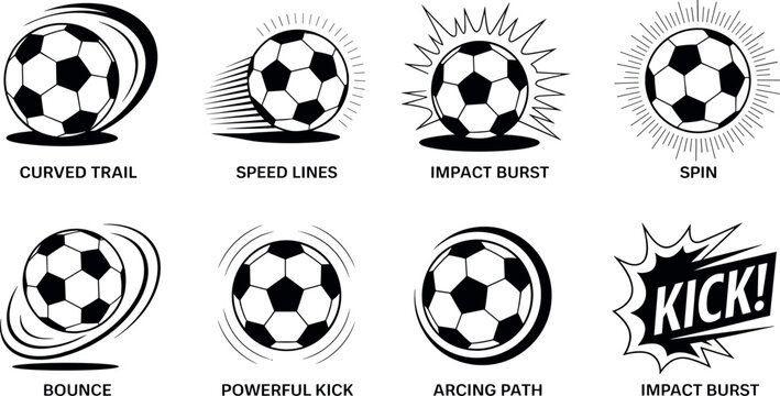 Black and white soccer ball vector motion effect set featuring curved trail speed lines bounce powerful kick and impact burst graphics