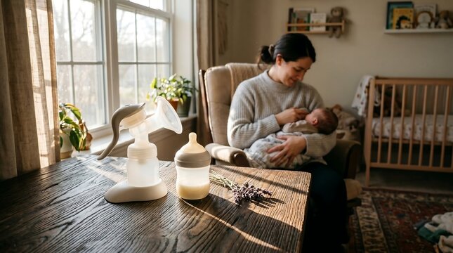 Manual breast pump and milk bottle on table with mother and baby