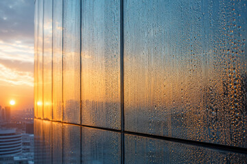 Fototapeta premium Glass Curtain Wall with Rain Droplets Reflecting Sunset City Facade