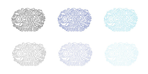 World Oceans Day linear typography logo set surrounded by decorative sea waves and fish illustrations © sadia akter