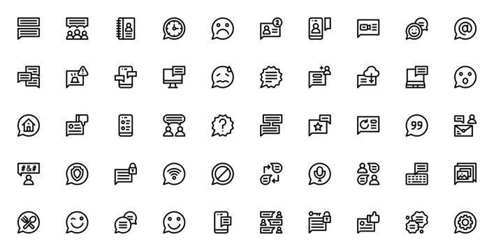 Chat_9368 icon set. Minimal line icons pack. Includes thought bubble, chat, email, notification, videocall, smartphone, message, speech bubble and more. Editable stroke.
