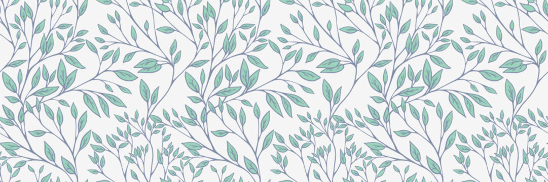 Soft seamless botanical pattern with delicate mint leaves and thin branches on a light background. Perfect for textiles, wallpaper, packaging, stationery, and decor