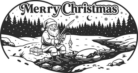 Black and white illustration of santa claus fishing on a snowy riverbank with merry christmas text