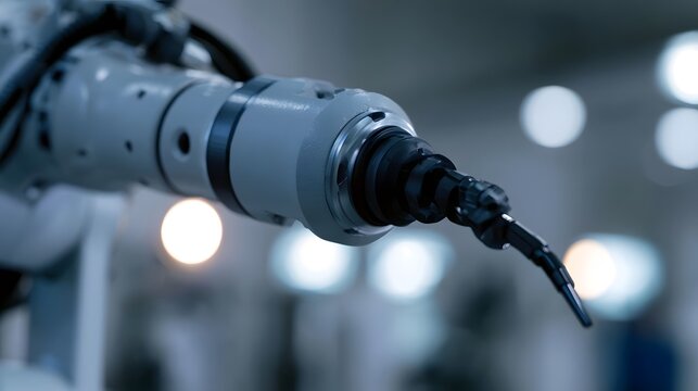 A detailed close up of a futuristic mechanical arm component illuminated by soft ambient light emphasizing advanced industrial design and technology