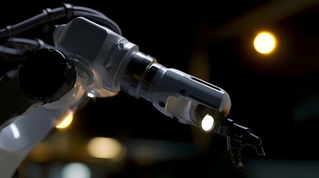 Close up view of a futuristic metallic robotic structure illuminated by soft ambient light