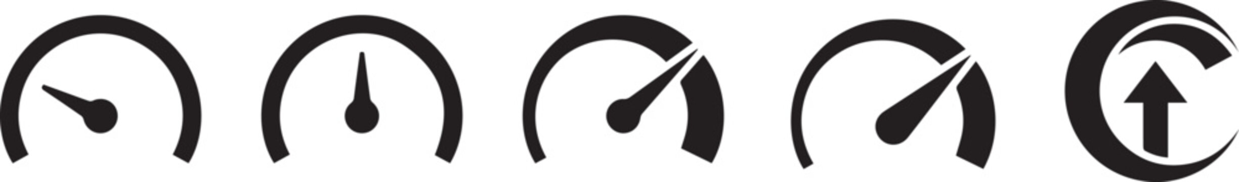 Speedometer and Performance Gauge Silhouette Icons Set with Dashboard Meter Speed Indicator and Measurement Vector Collection