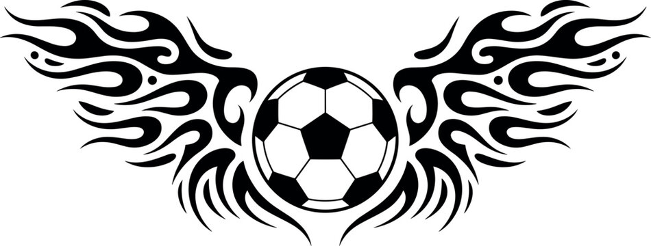 Black and white soccer vector illustration featuring a football with decorative flaming tribal wings over a clean background