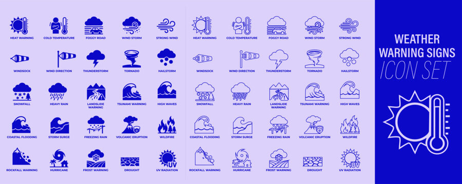 Weather warning icon set with storm alert, extreme weather, flood risk and climate hazard line icons in monochrome blue style