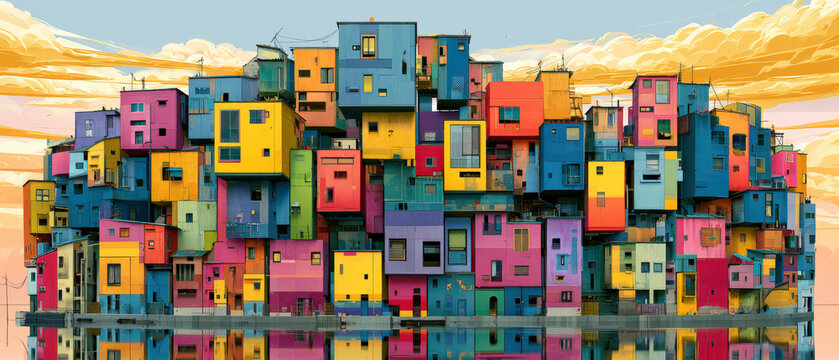 Vibrant, stacked buildings reflect in calm water