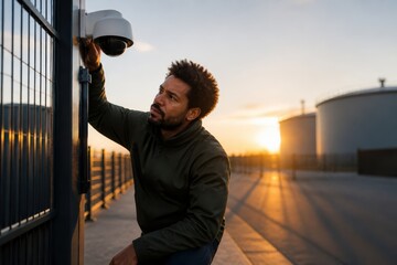 Fototapeta premium Focused technician adjusting a security camera at sunrise with calm trust and watchful attention