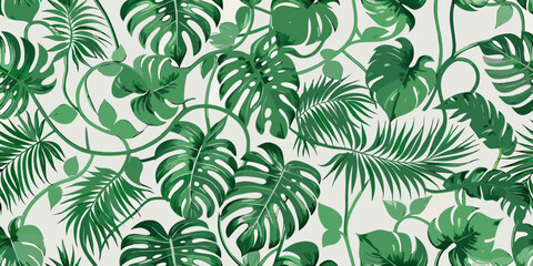 Tropical leaf pattern with monstera and palm fronds vector illustration © Ranajit