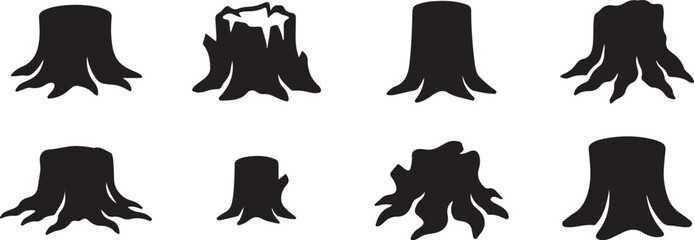 Tree Stump Silhouette Icons Set with Cut Tree Trunk Logging Forestry and Wood Vector Collection © MD