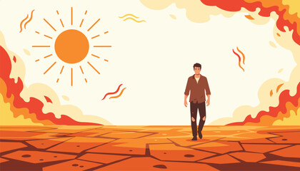 Fototapeta premium A lonely man walks slowly across dry cracked orange earth under a blazing hot sun surrounded by swirling heat waves and fiery red and yellow clouds.