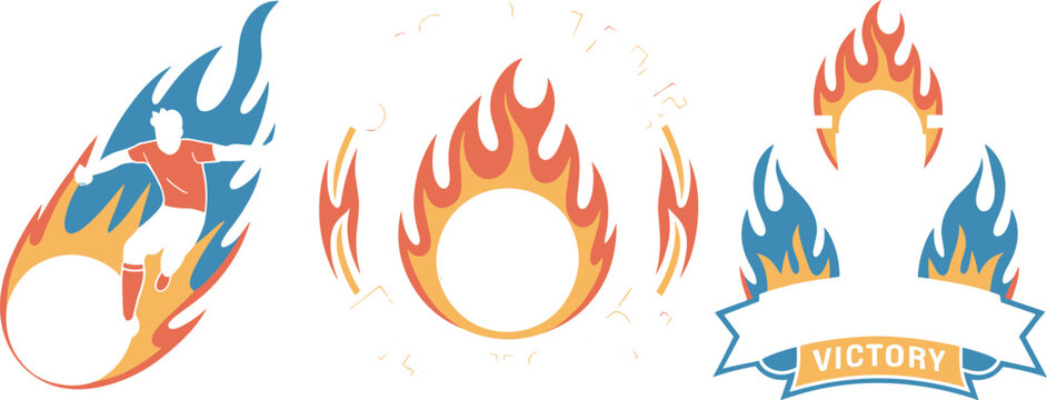 Soccer tournament graphic vector elements featuring a flaming player silhouette fire circle frame and victory ribbon banner
