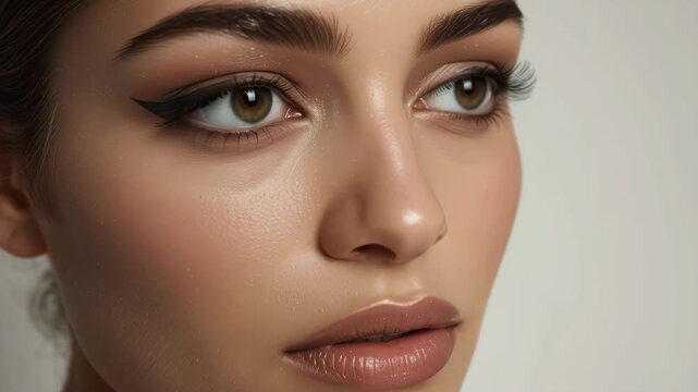 Elegant close up portrait of woman with soft matte makeup, winged eyeliner and calm soft expression