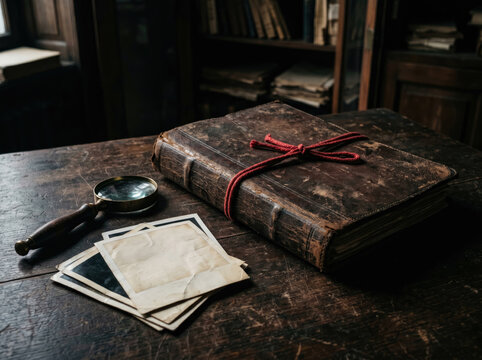 Vintage leather-bound book with magnifying glass on a dark wooden desk table
