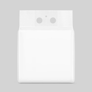 Realistic stand bag for wipes, tissues with hole handle mockup. Front view. 3D hight realistic vector illustration isolated on grey background. Scalable and editable without lose quality. EPS10.