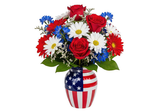 Colorful bouquet of flowers with american flag design in a vase PNG isolated on transparent background