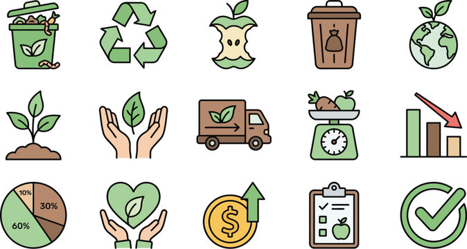 Eco-friendly icons collection representing sustainability recycling and green living concepts perfect for environmental projects and infographics