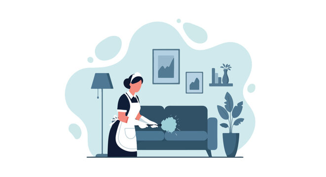 Professional House Maid Cleaning Living Room, Home Cleaning Service and Housekeeping Concept