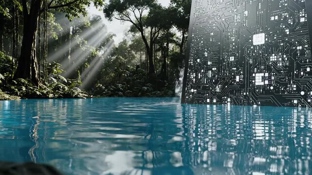 Large black computer circuit board standing in jungle pond water. Technology integrated into tropical forest landscape to represent sustainable digital infrastructure