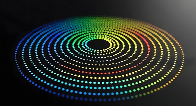 Colorful dotted pattern arranged in concentric circles creating optical illusion of movement.
