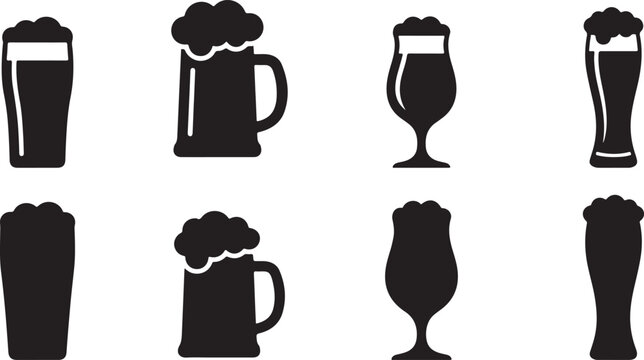 Beer Glass and Mug Silhouette Icons Set with Draft Lager Pint Beverage and Pub Drink Vector Collection