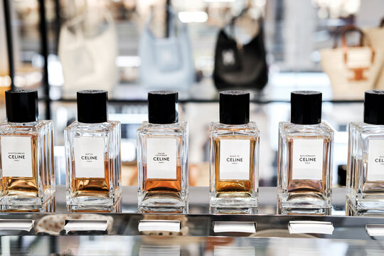 Luxury Celine Perfume Bottles Displayed in Boutique Fragrance Shop Window Milan Italy May 14, 2026