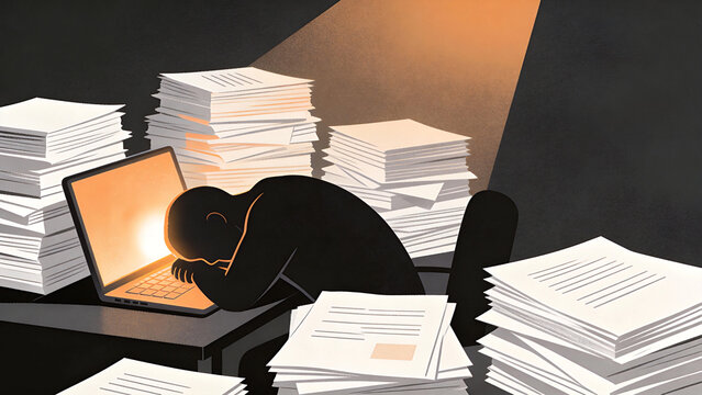 Conceptual illustration of exhausted silhouette resting head on laptop surrounded by towering paper stacks, symbolic of burnout work overload and emotional exhaustion with dramatic warm light