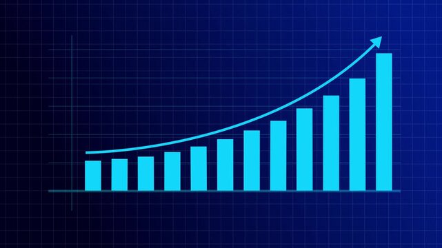 Animated bar chart showing monthly data trends, financial statistics, business analytics growth. Business growth chart with upward trend on blue financial graph background