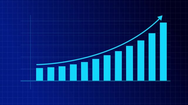 Animated bar chart showing monthly data trends, financial statistics, business analytics growth. Business growth chart with upward trend on blue financial graph background
