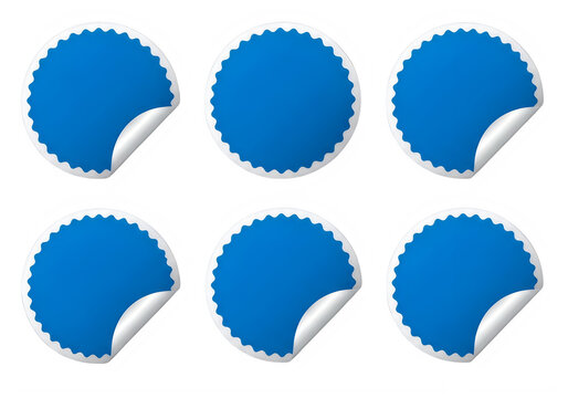 Set of blue round stickers with white border and curled corner on white background transparent background