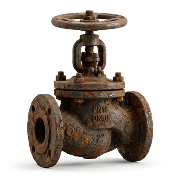 Old rusty industrial globe valve isolated on white background