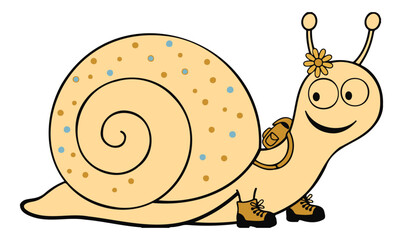 Cute cartoon snail character with backpack and hiking boots, happy traveling snail illustration, whimsical garden mollusk vector for kids © Madaheen