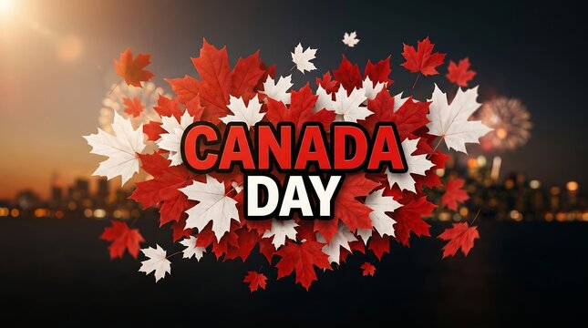 Canada Day celebration with maple leaves and fireworks